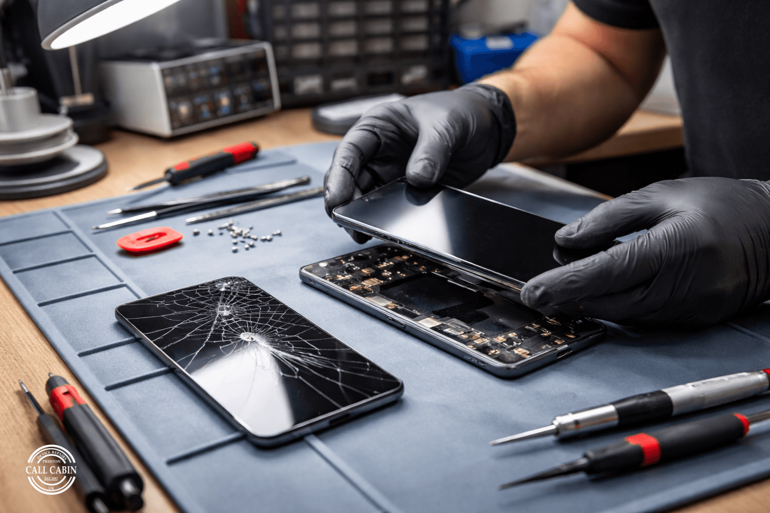 Technician replacing cracked Galaxy display during Samsung repair Preston service in local repair shop