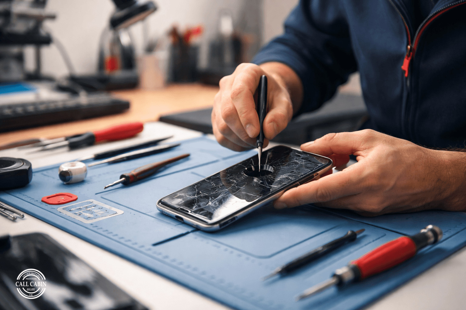 Phone repair service in Preston with CallCabin technicians fixing a device