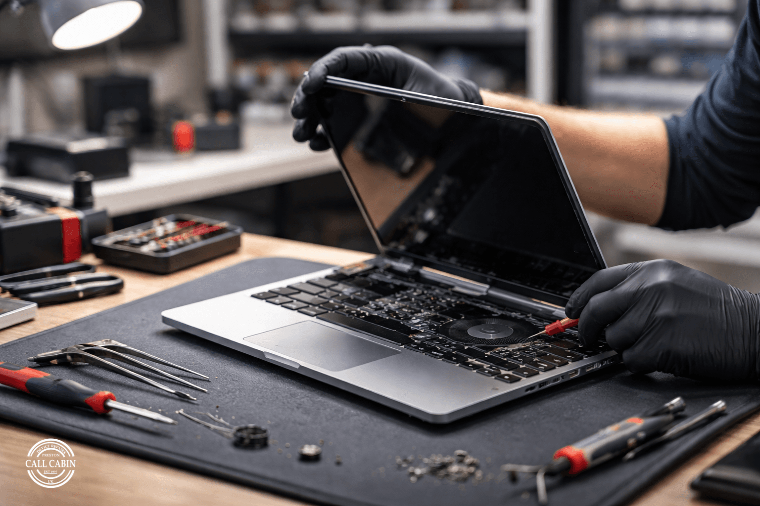 Technician fixing a laptop during laptop repair Preston service in a local repair shop