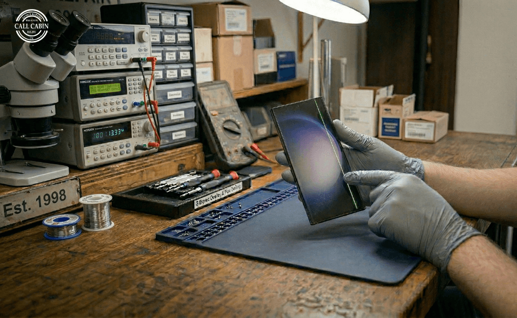 Technician replacing cracked Galaxy display during Samsung repair Preston service in local repair shop