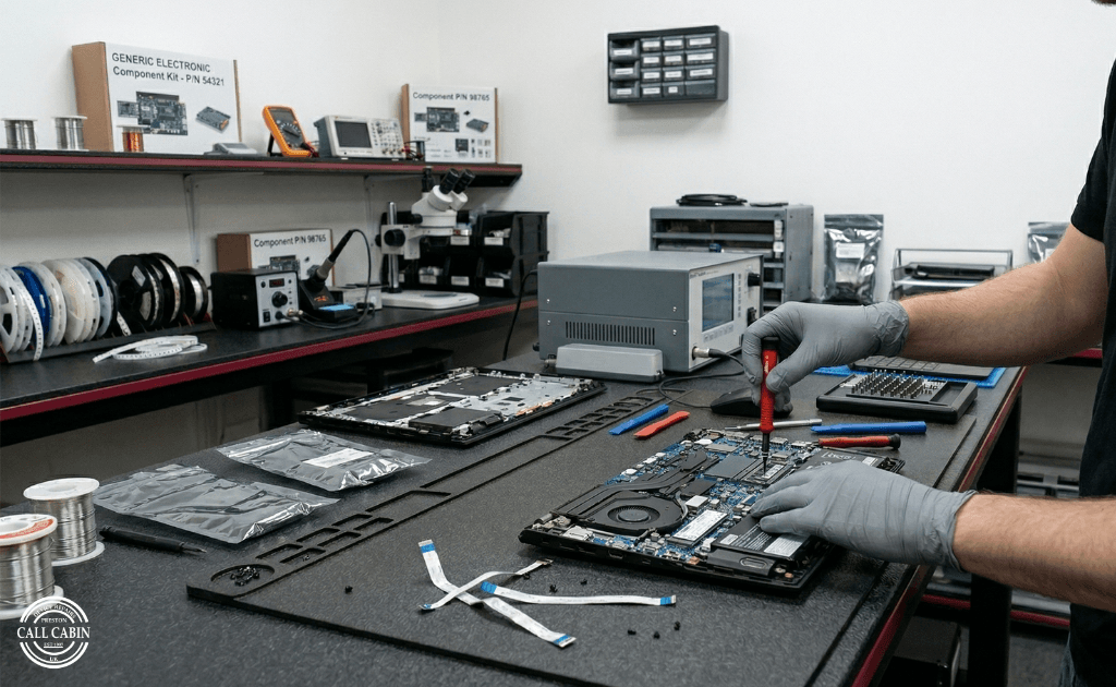 Technician fixing a laptop during laptop repair Preston service in a local repair shop