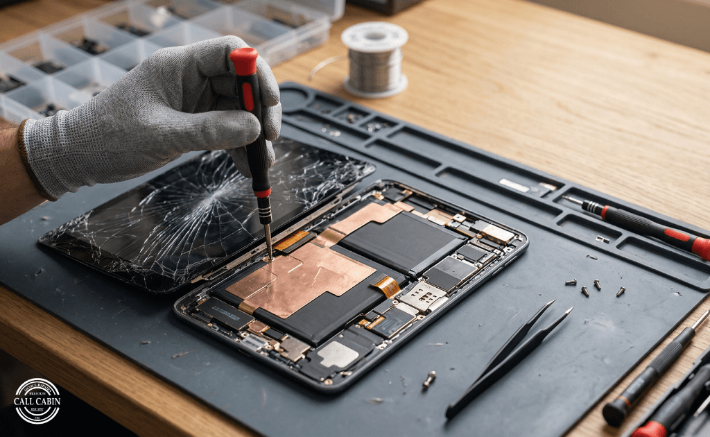 Technician performing tablet repair Preston service on a cracked iPad screen in a workshop.
