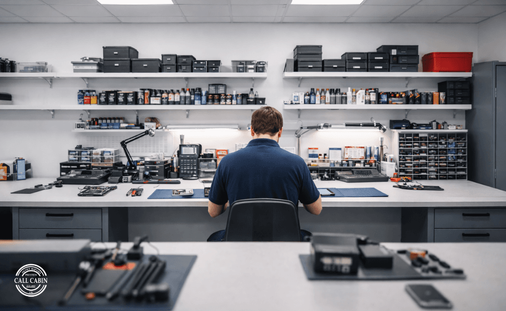 Technician working on smartphone in best phone repair shop Preston with tools and replacement parts