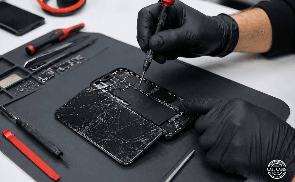 Technician performing same day phone repair Preston service on a cracked smartphone screen