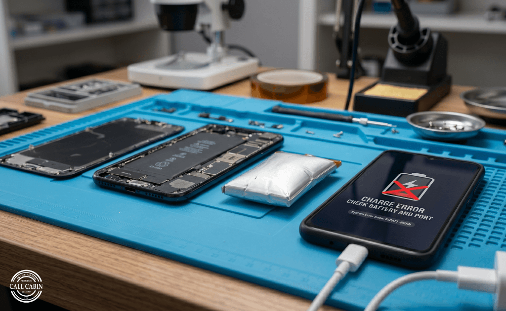 CallCabin technician performing a phone not charging repair on a smartphone motherboard in Preston.