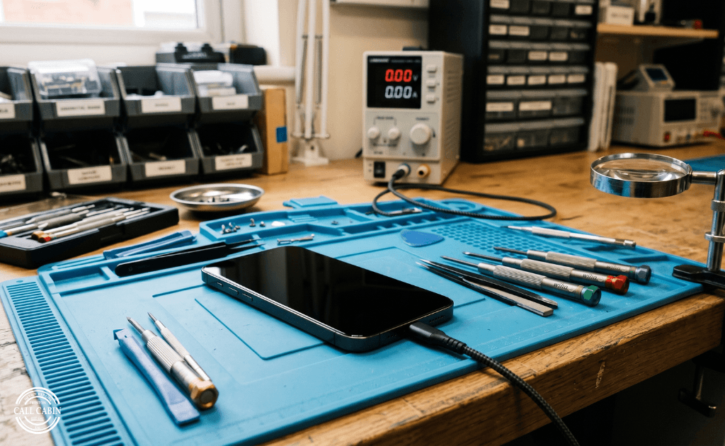 Technician performing a phone won't turn on repair at a local workshop in Preston.