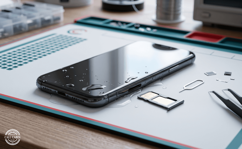 A professional technician performing water damaged phone repair on a dismantled smartphone inside a Preston shop.