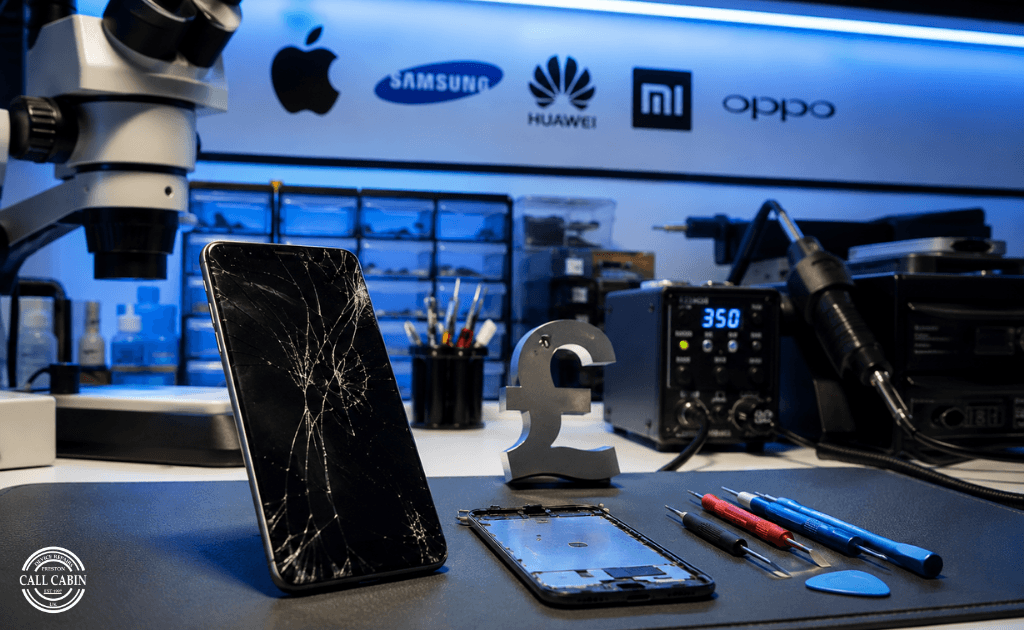 Cracked smartphone screen on a professional repair lab bench showing phone screen repair cost UK guidance.